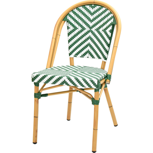 bistrot tressage chaise aluminium rotin empilable blanc vert nylon trois quarts gauche